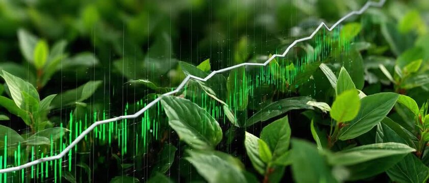 Growth Trend in Nature: An upward trending chart gracefully superimposed upon a vibrant tapestry of lush greenery, symbolizing the flourishing growth.