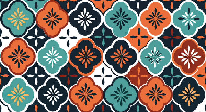 Quatrefoil floral tile pattern in teal, orange, white, and dark blue
