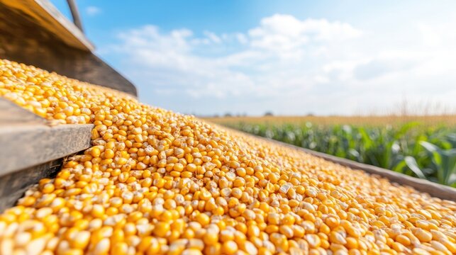 Golden Harvest: A close-up shot of a cascade of golden corn kernels spilling over the edge of a container. the golden kernels against the backdrop of a bright blue sky evoke the richness of the land.