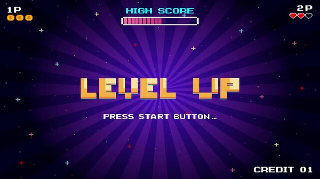LEVEL UP. Pixel art 8-bit. Retro Futurism Sci-Fi Background. glowing neon grid. and stars from vintage arcade computer games