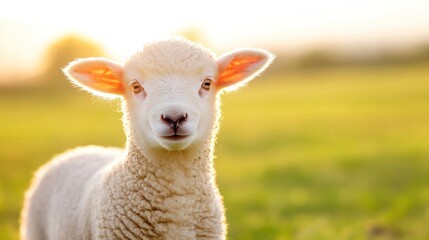 Fototapeta premium Adorable Lamb in Golden Light: A captivating portrait of an innocent lamb, bathed in the soft, warm glow of the sun, embodies purity and serenity in a peaceful meadow.