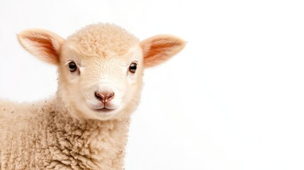 Fototapeta premium Adorable Lamb's Portrait: A close-up portrait of a fluffy, innocent lamb, capturing its gentle features and fluffy wool, evoking feelings of serenity and purity.