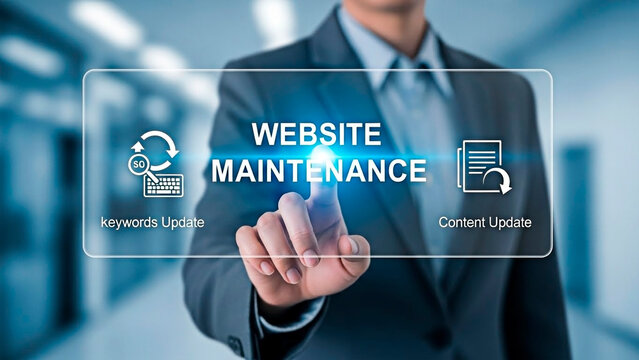 A businessperson pointing to the concept of website maintenance.