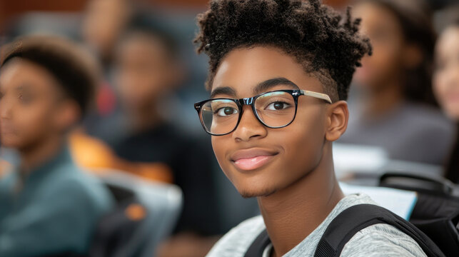 Young african american student with glasses and backpack smiling, looking at camera in classroom, representing education, learning, and future generation. Malcolm X Day