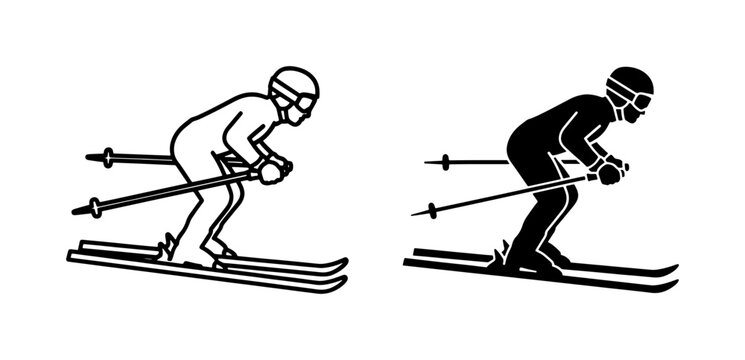 Skiing Silhouette Icons, Downhill Ski Racer Vector Graphics, Winter Sport Athletes, Alpine Skiing Action, Two Styles: Outline and Solid Fill