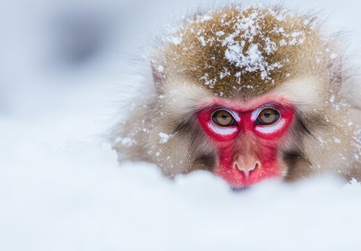 Snow Monkey with Red Face in Winter Snowfall