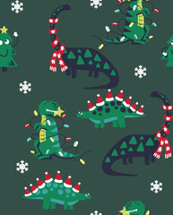 Festive dinosaurs in Christmas lights and Santa hats with snowflakes on dark green background © Creativezone