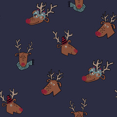 Whimsical reindeer heads with festive accessories in a repeating pattern on a dark background © Creativezone