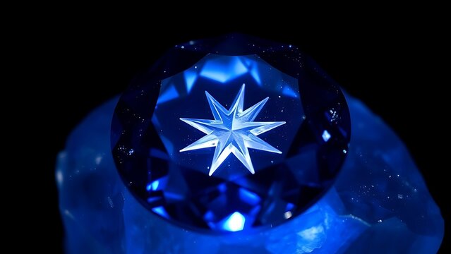 asterism. Sapphire crystal exhibiting a natural star pattern, gemstone close-up. STEM education sheets, lab safety posters, designed for biotech research communications, used by videographers.
