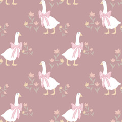 White geese with pink bows and floral pattern on mauve background seamless textile design © Creativezone