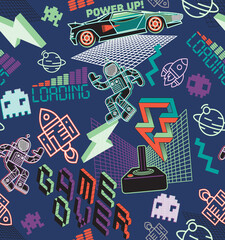 Retro arcade game pattern with astronauts spaceships and cars on dark blue © Creativezone