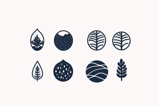 Collection of eight minimalist illustrations nature-themed icons in dark blue, arranged on white background