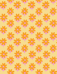 Fototapeta premium Retro Floral Pattern with Orange and Pink Flowers on Yellow Background