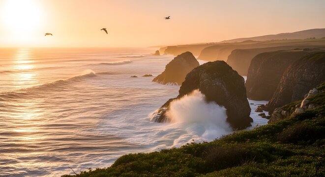 Dramatic coastal cliffs at sunset with powerful ocean waves crashing against dark rocks while seagulls fly through warm golden air along rugged shoreline of wild coastline environment.