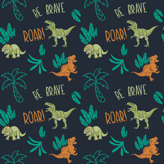 Dinosaur Pattern with Roar and Be Brave Text on Dark Background © Creativezone