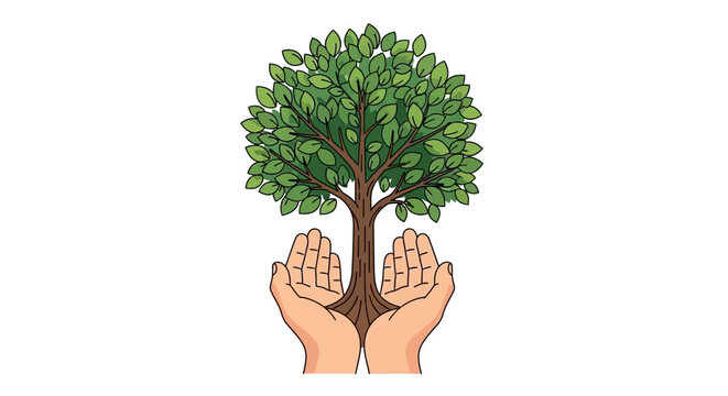 Hands holding a lush green tree symbolizing environmental care