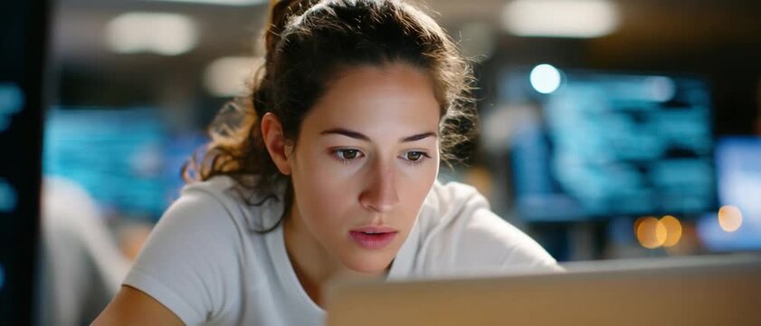 Focused Code Weaver: A determined woman meticulously analyzes data and constructs code, immersed in a high-tech environment that epitomizes digital innovation and technological exploration.