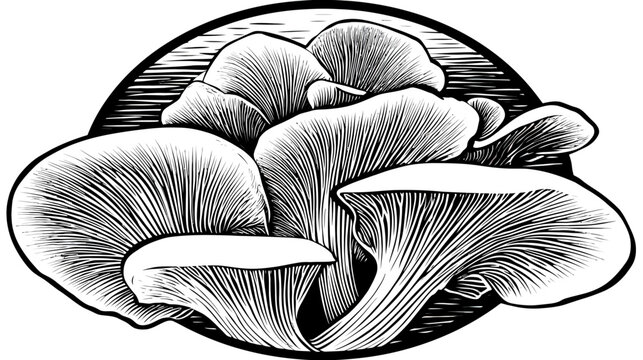 Black and white drawing of oyster mushrooms in a circle with horizontal lines above