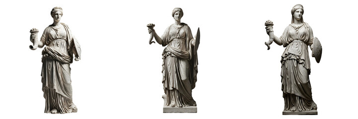 Fototapeta premium Classic Greek Female Statues Set Isolated on White Background for Ancient History, Mythology, Roman Art Decor, Historical Monument, and Museum Exhibition Collection Design.
