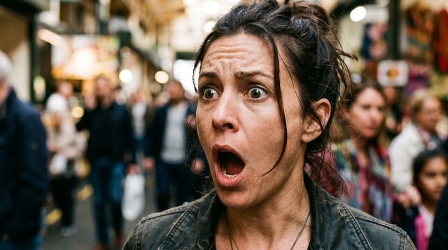 Close up of surprised face with raised eyebrows and mouth agape