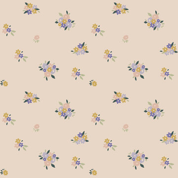 Delicate ditsy floral pattern in pastel hues on a soft beige background