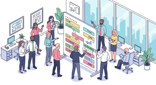 Business team collaborating on a project management board in office.