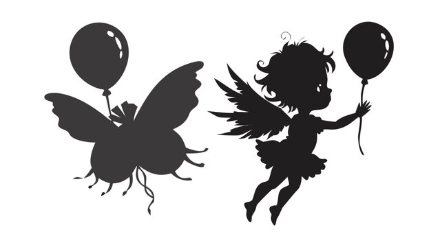 A charming compilation of two black silhouettes featuring a stylized butterfly with a balloon attached and a cute baby fairy happily flying while holding onto a separate floating balloon against a pur
