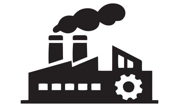 Factory Silhouette with Chimneys and Gear Symbol