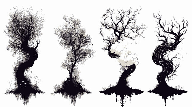 Four stylized illustrations of trees in monochrome with intricate details against a white background