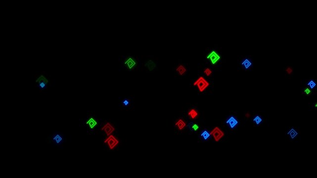 Neon geometric particles floating in dark space motion