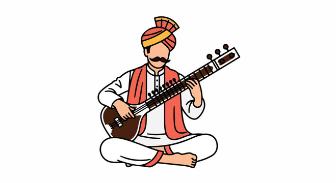 Traditional Indian musician in a white kurta and turban sits cross-legged, playing a sitar with calm, focused expression
