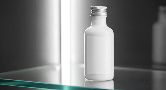 Minimalist white glass bottle mockup with silver cap and blank label on glass shelf