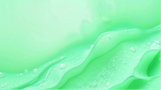 Gel-like substance with bubbles - green background. Transparent liquid with white spheres. Soft focus, studio lighting. Skin care product texture. Concept of hydration and freshness.