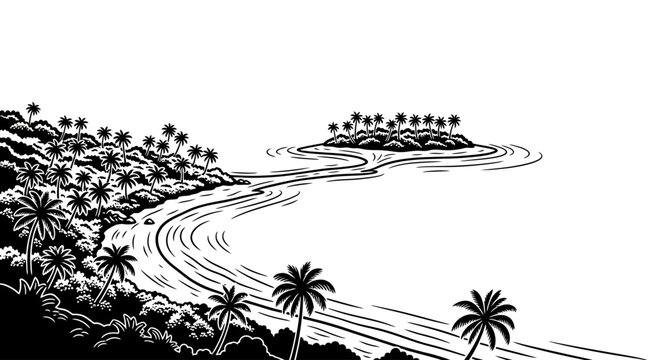 Tropical island with palm trees and flowing water.