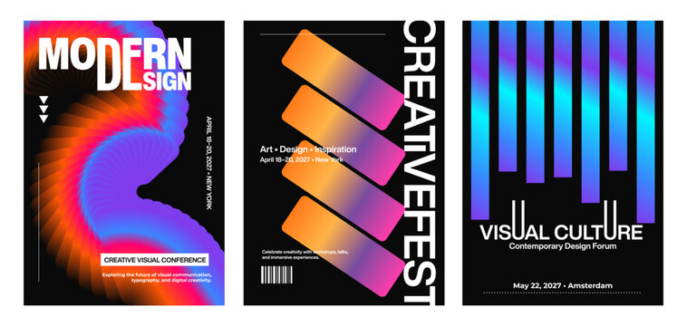 Abstract Gradient Modern Poster Featuring Vibrant Color And Typography Design Set.