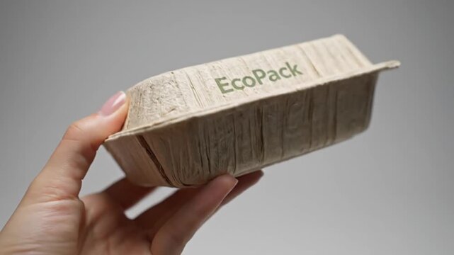 Eco friendly food container held by a person on neutral background