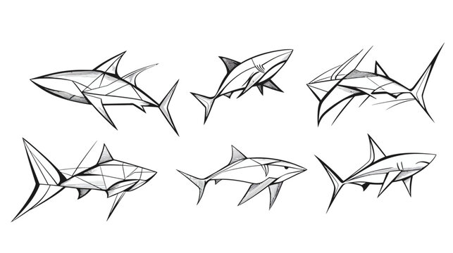 Six geometric shark illustrations in different angles, showcasing minimalist grayscale lines on white