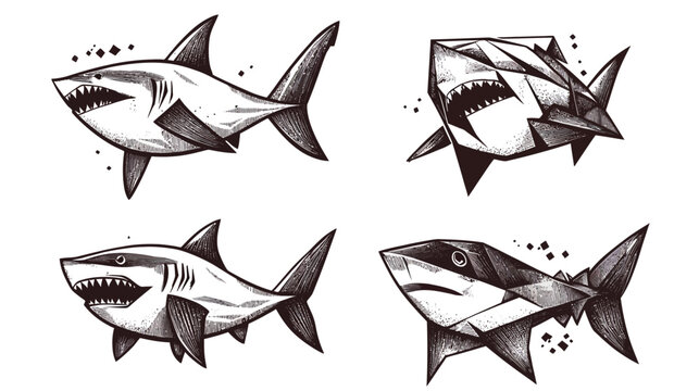 Four stylized shark illustrations in black and white, various artistic styles, vector design
