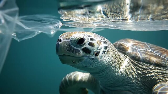 Sea turtle swimming near ocean surface.