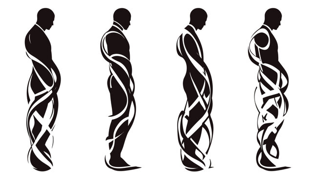 Four side profile silhouettes of a person, intertwined by flowing white lines