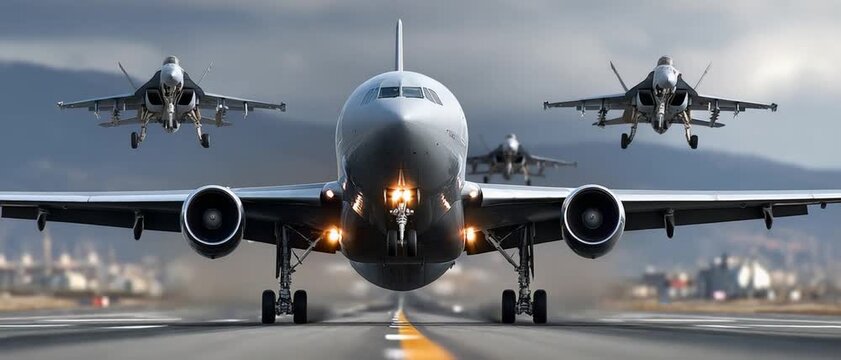 Aviation Symphony: A grand jetliner leads a squadron of fighter jets on a runway, showcasing aviation technology and aerial teamwork.