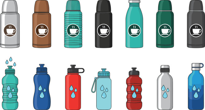 Vector illustration of thermos bottles for hot drinks and water bottles for cold beverages in container design