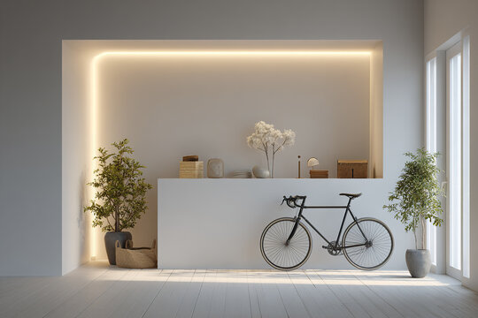 Minimalist modern interior with bicycle, decorative plants, and soft ambient lighting creating calm and inviting atmosphere in bright room with large windows