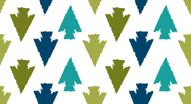 Seamless Pattern of Tribal Arrowheads Vector Illustration Featuring Geometric Boho Style Shapes in Olive Green Teal and Navy Blue for Textile and Wallpaper Design
