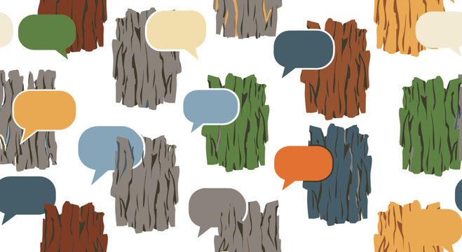 Seamless Pattern of Tree Bark Textures and Speech Bubbles Vector Illustration for Creative Communication Designs and Nature Themed Product Templates