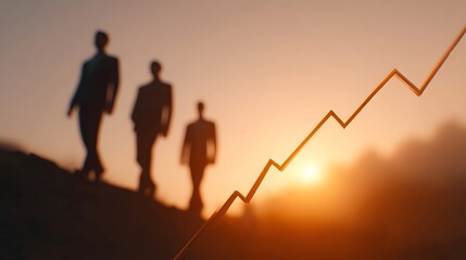 Fototapeta premium Silhouettes of a professional team advancing along a rising graph line against a warm golden sunrise backdrop