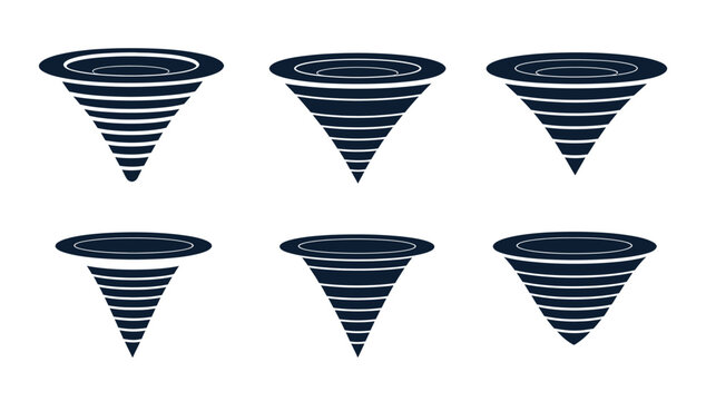 A group of six stylized dark blue tornadoes in a symmetrical layout on a white background
