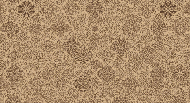 Intricate, repeating pattern of small and large floral motifs in sepia tones
