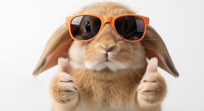 Cute bunny wearing sunglasses giving thumbs up with thumbs up white background good job everything