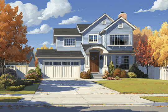 Suburban house with blue siding and white trim surrounded by autumn trees and well maintained lawn under bright blue sky with fluffy clouds, evoking calm and comfort